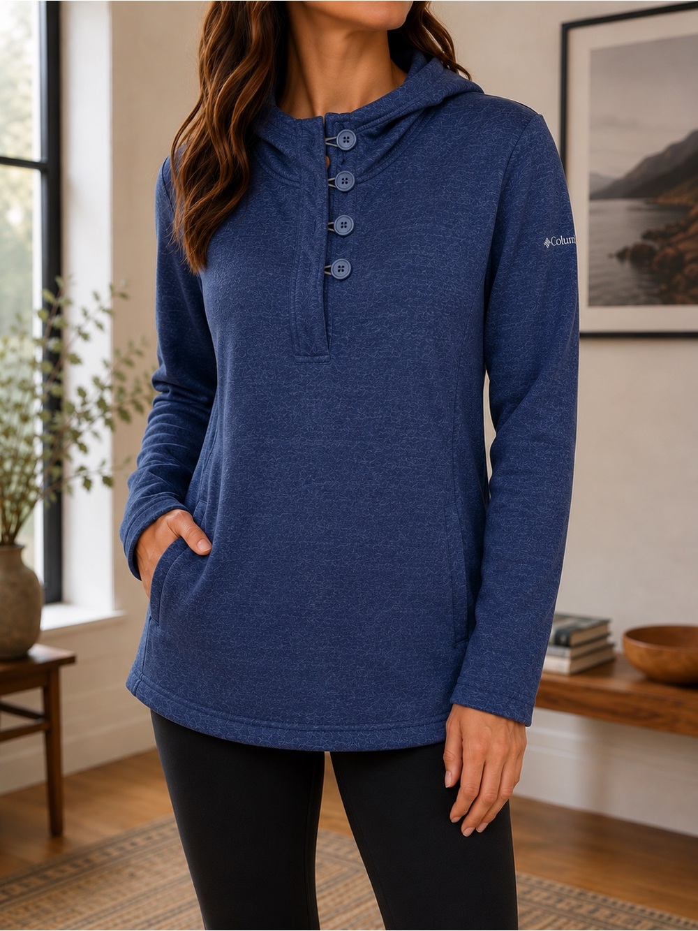 Columbia Darling Days Hoodie XL Navy Blue Heather Pulliver Button Neck Outdoor